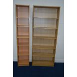 A MODERN BEECH FINISH OPEN BOOKCASE, together with a similar slim open bookcase (2)