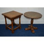 A REPRODUCTION OAK CIRCULAR TOPPED OCCASIONAL TABLE together with a square occasional table (2)
