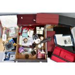 TWO BOXES OF MISCELLANEOUS ITEMS, to include small jewellery boxes, trinket boxes, jewellery stands,