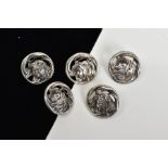 FIVE WHITE METAL BUTTONS, each of circular design depicting a lady with flowers in her hair