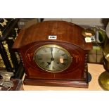 AN EDWARDIAN MAHOGANY AND INLAID DOME TOP MANTEL CLOCK, the silvered dial with Roman numerals, eight