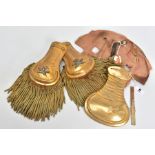 A PAIR OF 19TH CENTURY FRINGED GILT METAL MILITARY EPAULETTES, mounted with silvered crossed cannons