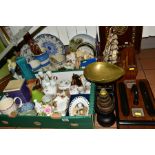 TWO BOXES OF CERAMICS, LOOSE TREEN, etc, including an inlaid tray, a set of vintage scales and