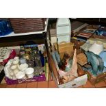 FOUR BOXES OF TINS, CERAMICS, GLASSWARE, MODERN WOODEN BATHROOM ORNAMENTS WOODEN BREAD BIN AND