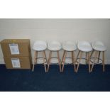 A SET OF SEVEN MODERN WHITE LEATHERETTE BAR STOOLS on a beech frame (two new and boxed)