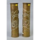 TWO WWI ERA SHELL CASES, approximate 9cm diameter x 35cm length, the sides have been fashioned in