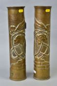 TWO WWI ERA SHELL CASES, approximate 9cm diameter x 35cm length, the sides have been fashioned in