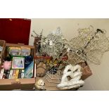 THREE BOXES OF DECORATIVE DISPLAY ITEMS, PRINTS AND PICTURES, boxed artist's set, etc, including