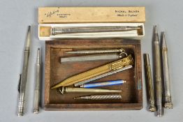 A COLLECTION OF ELEVEN VINTAGE TELESCOPIC AND PENCILS including two Sterling silver propelling,