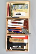 TWO SLIM WOODEN TRAYS CONTAINING MOSTLY VINTAGE PENS AND PENCILS, including a boxed John Bull