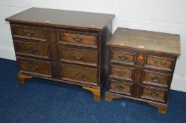 TWO EARLY 20TH CENTURY OAK CHEST OF THREE LONG DRAWERS, on bracket feet, in two sizes, biggest chest