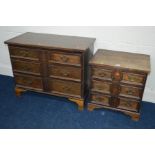 TWO EARLY 20TH CENTURY OAK CHEST OF THREE LONG DRAWERS, on bracket feet, in two sizes, biggest chest