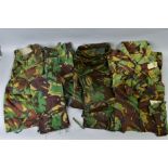 FIVE ITEMS OF BRITISH ARMY CAMO KIT, three pairs of trousers, one lightweight, two jackets/shirts,