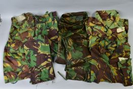 FIVE ITEMS OF BRITISH ARMY CAMO KIT, three pairs of trousers, one lightweight, two jackets/shirts,