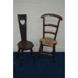 A SMALL LATE 19TH CENTURY TALL RUSH SEATED LADDER BACK CHAIR together with a spinning chair (2)