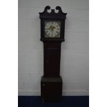 A GEORGE III MAHOGANY 30 HOUR LONGCASE CLOCK, the hood swan neck pediment, the 101/2'' painted