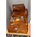 THREE GEORGE III/VICTORIAN BOXES AND AN EDWARDIAN OAK DESKSTAND, the boxes comprising a George III