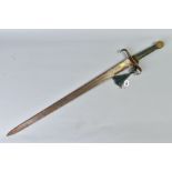 A COPY OF A MEDIEVAL STYLE SWORD, blade approximate 80cm in length, metal crossguard, and a green