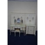 A CREAM AND GILT FIVE PIECE BEDROOM SUITE, comprising two sized double door wardrobe, largest