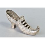 A CONTINENTAL SILVER (800) LADIES SHOW, embossed floral decoration, marks to underside of heel,