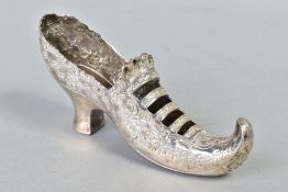 A CONTINENTAL SILVER (800) LADIES SHOW, embossed floral decoration, marks to underside of heel,