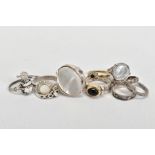 A SELECTION OF RINGS, to include a cluster ring, designed with a central circular cut sapphire, a
