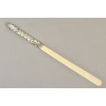 A LATE VICTORIAN SILVER HANDLED IVORY PAGE TURNER, embossed spiral and leaf design, maker Henry