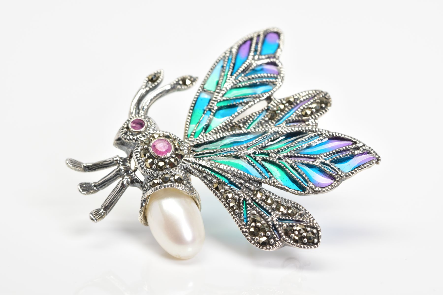 A PLIQUE-A-JOUR GEM AND MARCASITE BUG BROOCH, designed with green, blue and purple plique-a-jour - Image 3 of 3