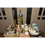 TWO BOXES OF CERAMICS AND GLASSWARE AND LOOSE ITEMS, including a large ceramic model of a peacock,
