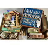 THREE BOXES OF SILVER PLATE, etc, boxed and loose cutlery, EPNS, chrome plated and other souvenir