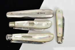 A SELECTION OF SILVER FRUIT KNIVES, three with mother of pearl handles and one silver handles, two