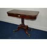 A REGENCY MAHOGANY TEA TABLE, with cross banding detail to top, central support in the form of