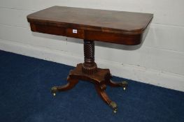 A REGENCY MAHOGANY TEA TABLE, with cross banding detail to top, central support in the form of