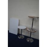 THREE MODERN CIRCULAR TOPPED TABLE on a chrome base together with a square table (no legs) (4)