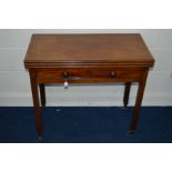 A GEORGE III MAHOGANY RECTANGULAR DOUBLE FOLD OVER TEA/CARD TABLE, fitted with a long drawer, turned