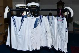 FIVE ROYAL NAVY BLUE/WHITE SEAMANS TYPE TWO TOPS TOGETHER WITH FIVE HEADWEAR, HMS Ark Royal (2), HMS