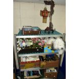 NINE BOXES AND LOOSE BOOKS, METALWARES, CHINESE HARDWOOD TABLE LAMP, TABLE LINEN, etc, including