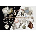 A SELECTION OF JEWELLERY, to include various necklaces with pendants, three rings, two pairs of