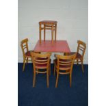 A RED FORMICA TOPPED DROP LEAF KITCHEN TABLE with a single drawer, four chairs and a stool (6)