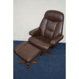 A MODERN BROWN LEATHER SWIVEL CHAIR and footstool (2)