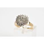 A 9CT GOLD HEART SHAPE DIAMOND CLUSTER RING, designed as a three tiered cluster in a heart shape