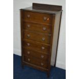 A TALL 1940'S OAK CHEST OF SIX DRAWERS, width 63cm x depth 41cm x height 130cm