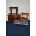 AN EDWARDIAN WALNUT TWO DOOR CABINET, together with a mahogany nest of three tables, oak tea trolley