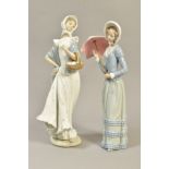 A LLADRO LADY WITH SUN PARASOL, 99N, with a Nao figure of a lady with a basket (2)