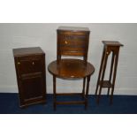 A SMALL MID 20TH CENTURY OAK DROP LEAF TABLE, single door cabinet, sewing box and a torchere