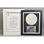 OASIS BAND AUTOGRAPHS, a framed drum skin bearing signatures by Liam and Noel Gallagher, Andy