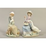 A LLADRO FIGURE OF A SEATED GIRL WITH A BASKET ON HER KNEE AND A GOOSE, by Vincente Martinez, height