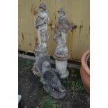 TWO COMPOSITE GARDEN FIGURES ON FLUTED COLUMN BASES, one in the form of a flower girl, height