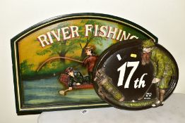 A VINTAGE STYLE WOODEN DISPLAY SIGN, 'RIVER FISHING' featuring moulded relief Anglers in a boat,