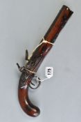 A 16 BORE FLINTLOCK OFFICERS HOLSTER PISTOL which from is appearance has remained dormant for years,